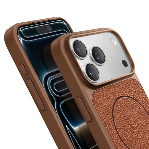 MagSafe-cover til iPhone 17 Pro i to materialer, stødabsorberende, brun lædertekstur brun