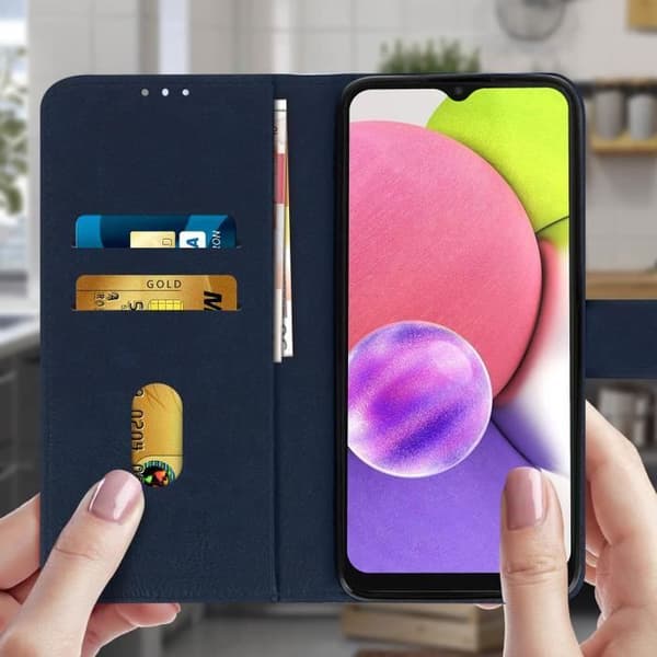 Fodral - AVIZAR - Samsung Galaxy A03S - Plånboksfodral - Syntetiskt läder - Mörkblå Midnattsblå