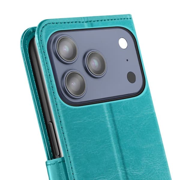 Plånboksfodral för iPhone 17 Pro Max med handrem och ställfunktion Mayaxess Blågrön Blå
