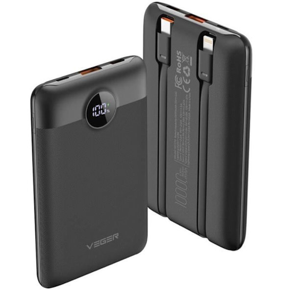 Extern laddare - VEGER - C11 - 10000mAh - USB 22,5W - USB C och Lightning-kablar 20W Svart