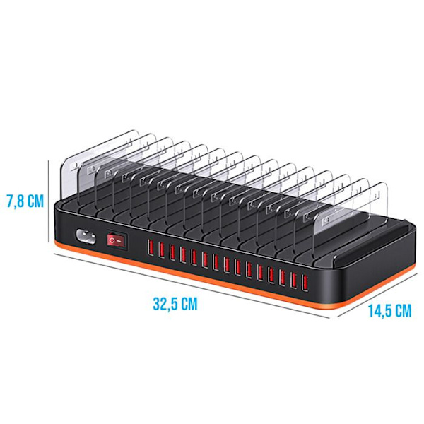 100W Latausasema 15 USB-porttia 3.5A Tuki ja Tuuletin Musta