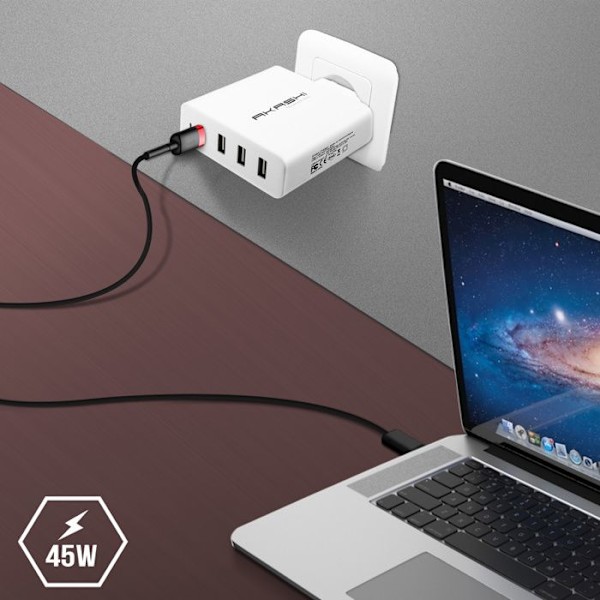 Vægoplader 45W 3x USB-porte 1x USB-C-port Sikker opladning Akashi Hvid Vit