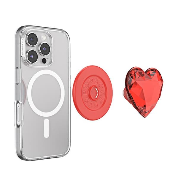 Support til smartphone PopGrip Premium MagSafe stativ og selfie-effekt krystal PopSockets rød Röd