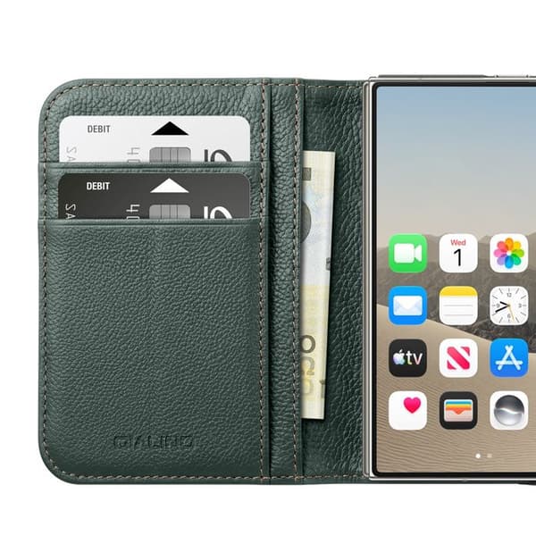Læder Wallet Case til iPhone Duo med Foldbart Støtte Qialino Skovgrøn Grön skog