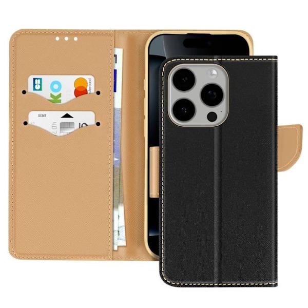 Etui til iPhone 16 Pro Max Pung Læder Saffiano Fancy Sort / Guld Svart