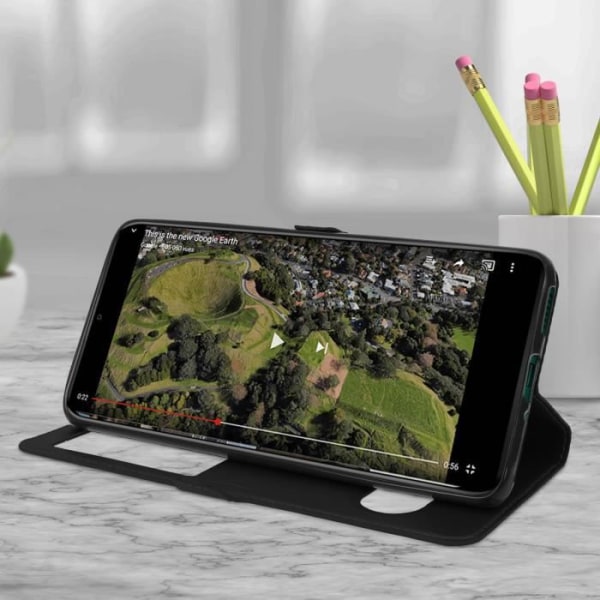 Hus - AVIZAR - Wiko View 4 / 4 Lite - Helfodral - Dubbel Fönster - Stativ Svart