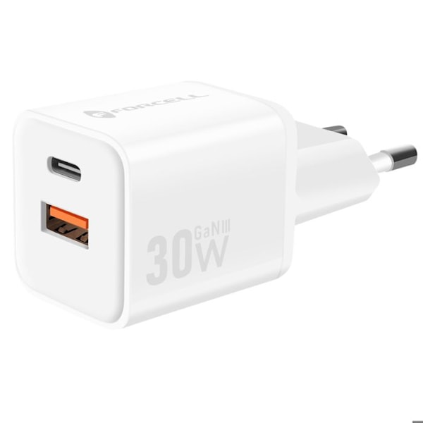 Laddare Sektor GaN III 30W med USB-C + USB Mini Format Forcell Vit Vit