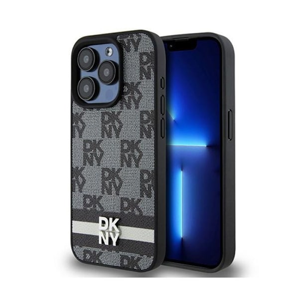 DKNY Monomönster i rutigt läder och tryckta ränder - iPhone 15 Pro Max-fodral (svart)