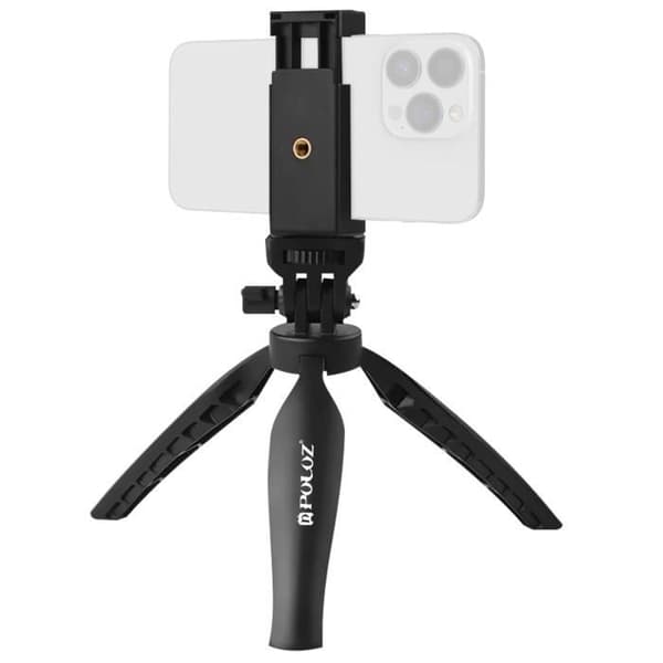 Smartphone Tripod - Puluz - Sort - Justerbar 180° - Skridsikker - Blitz- og mikrofonmontering