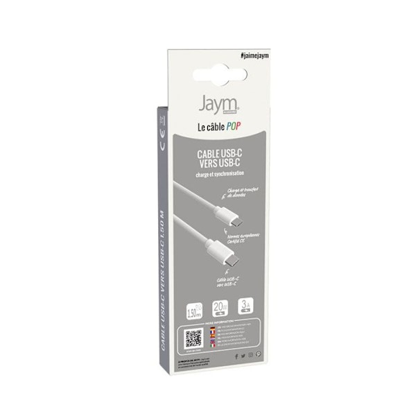 USB-C till USB-C 3A PD 20W Laddning och Synkronisering Collection POP 1,5m Jaym Vit Vit