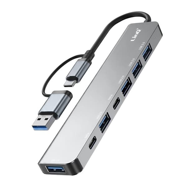 USB-C / USB-A 7-in-1 5Gbps Hub 2 USB-C:lle, USB-A 3.0:lle ja 4 USB-A 2.0:lle LinQ Harmaa