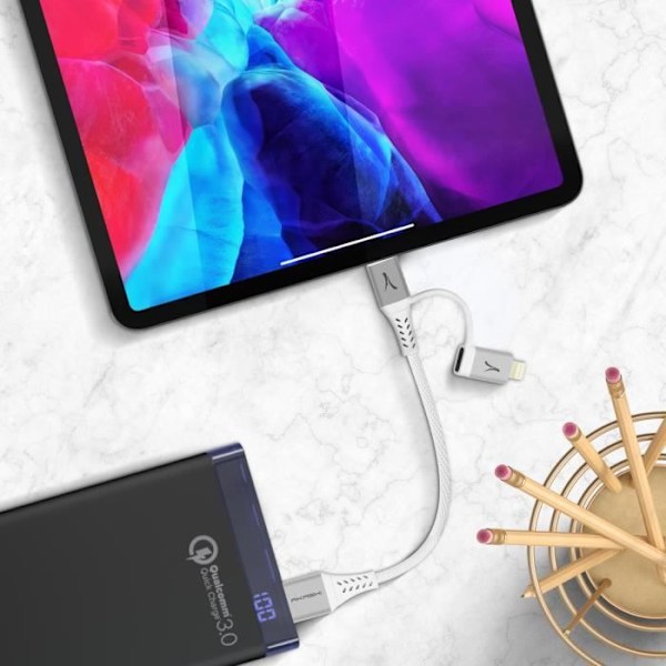 2 i 1 Lightning / USB-C ladesynkroniseringskabel Kompakt 10 cm Akashi Hvid