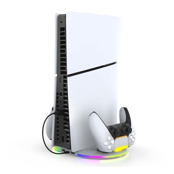 Stativ för vertikallast RGB - iPega - PS5 / PS5 Slim / PS5 Pro - 2 kontroller - 3 USB-portar - Stabil design Vit