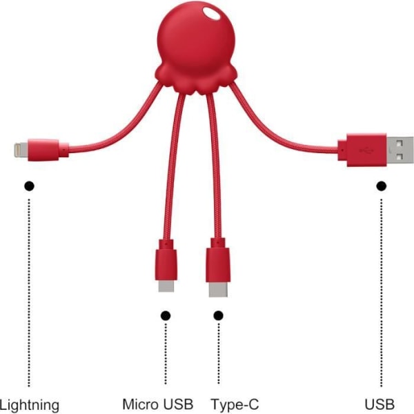 Biologiskt nedbrytbar Octopus-kabel USB A/micro USB &amp; USB C &amp; Lightning 1m Röd Xoopar
