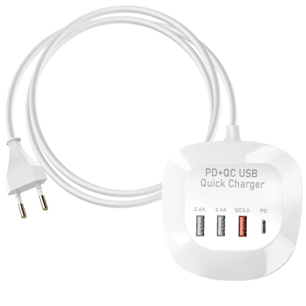 Mini multiport ladestation 3 USB + USB-C kompakt kabel 1m LinQ hvid Vit