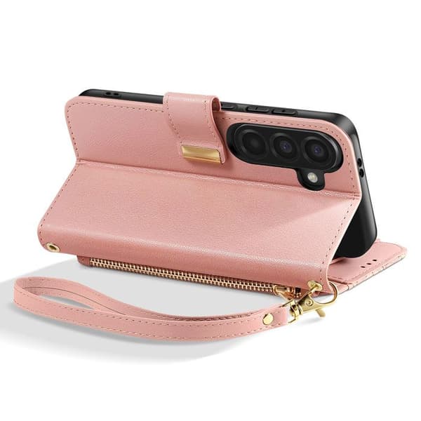 Pungetui til Galaxy A56 med blomsterdesign og integreret lynlåslomme i rosa Ros