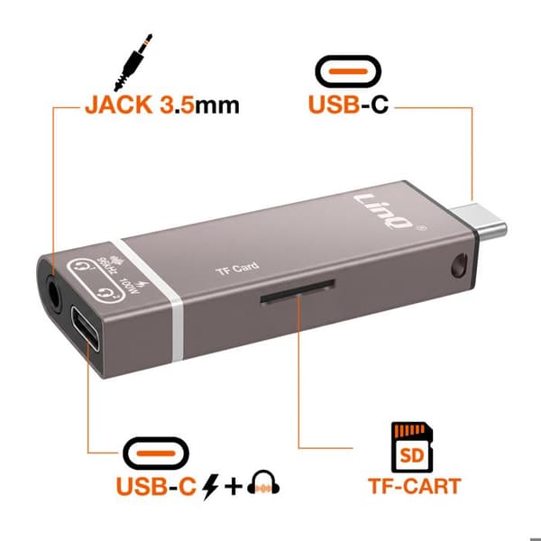 Mini Hub USB-C til Audio Jack 3.5mm Micro SD og USB-C 100W LinQ Grå