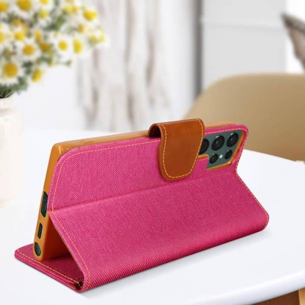 Kotelo - AVIZAR - Galaxy S22 Ultra - Denim-vaikutteinen kangaspäällyste - Canvas Collection - Pinkki Rosa