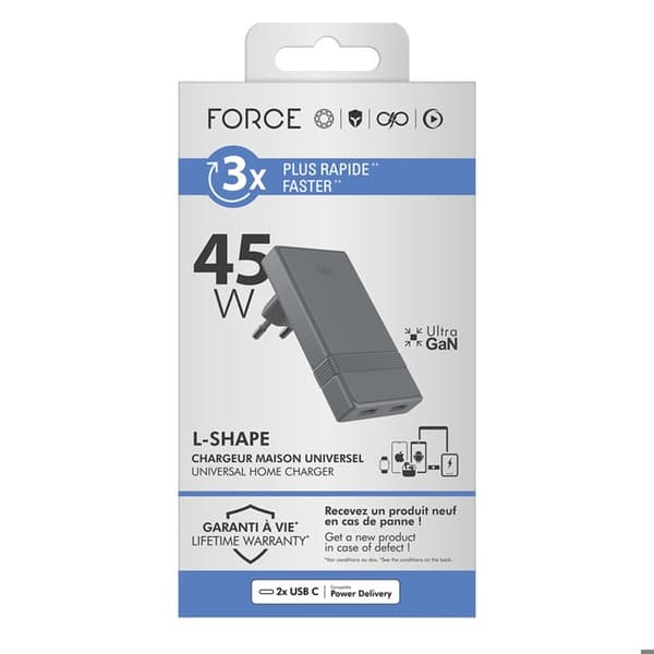 Strømforsyning - FORCE POWER - L-Shape - 45W - 2x USB-C - Ultra-GaN Grå