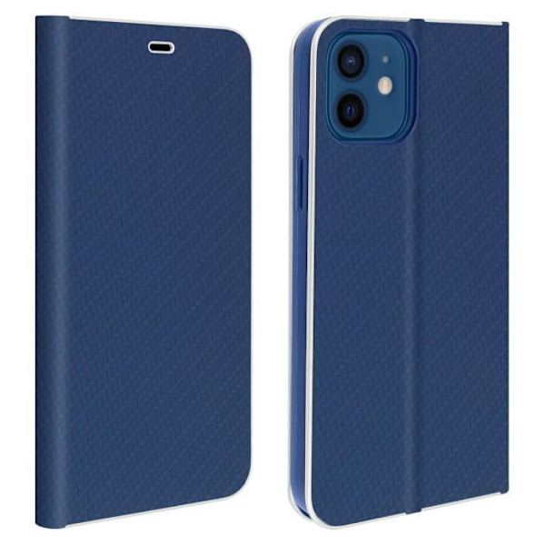 iPhone 12 / 12 Pro-fodral - AVIZAR - Ekoskinn med kolfiberlook - Videostativ - Kortfack - Mörkn blå Midnattsblå Blå