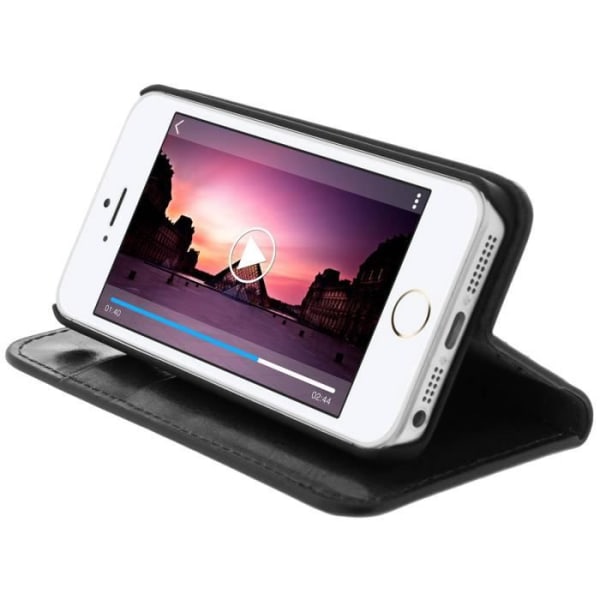 iPhone 5/5S/SE etui - Ægte læder - Sort - Støttefunktion - Kortpladser - Hårdt cover Svart