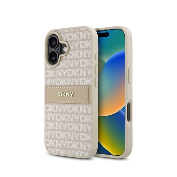 Coque för iPhone 16 Plus Serie Repeat Pattern Tonal Stripe med Metalliskt DKNY-logotyp Rosa Vit