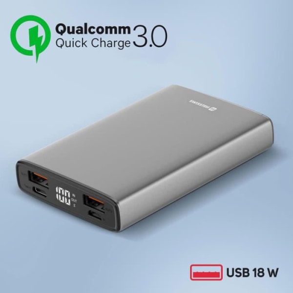 Powerbank 20W USB-C Power Delivery och USB Quick Charge 10000mAh Swissten Grey