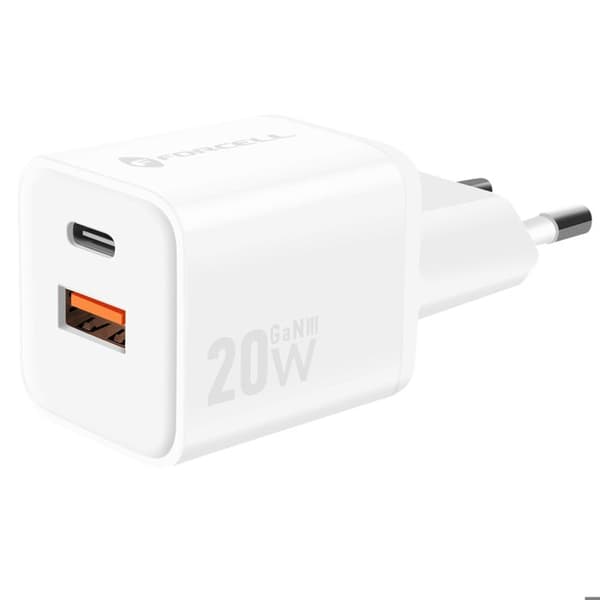 Laddare Sektor GaN III 20W med USB-C + USB Mini Format Forcell Vit Vit