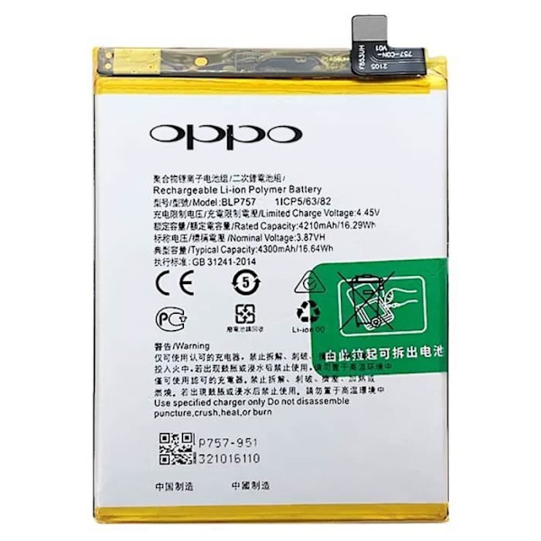 Internt batteri - Oppo - BLP855 - 4300mAh - Sort - Kompatibel Oppo Reno 6 Svart