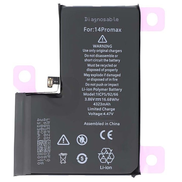 Batteri - AVIZAR - iPhone 14 Pro Max - 4323mAh - Lithium-polymer - Diagnoserbar Sort