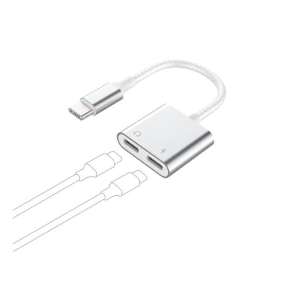 2-i-1 adapter - FORCE POWER - Lite - USB-C til USB-C - 100W PD - Støjfri lyd - Hvid Vit
