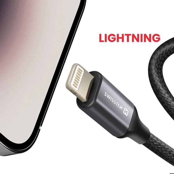 Auxiliary kabel - SWISSTEN - Lightning til jack 3.5 mm - Flettet nylon - 1.5m - Sort