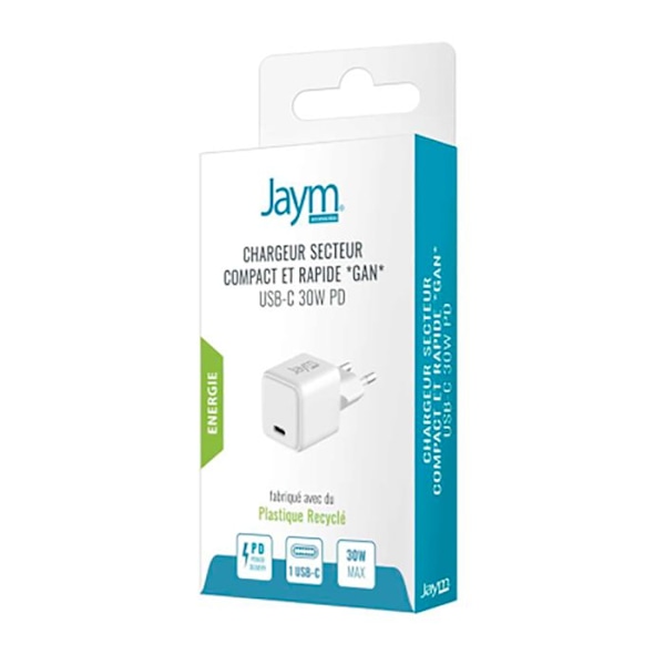 Jaym Valkoinen 30W PD PPS Kompakti Nopeaa USB-C GaN Laturi Vit