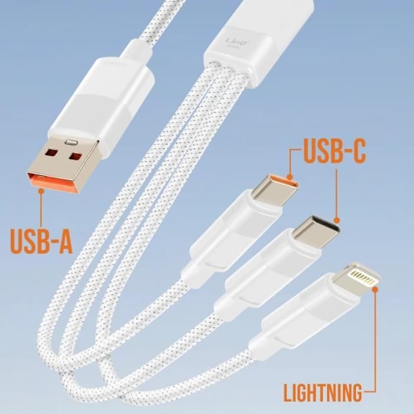 USB til Lightning-kabel + 2 USB-C 60W hurtigopladningslængde 1,2 m LinQ hvid Vit