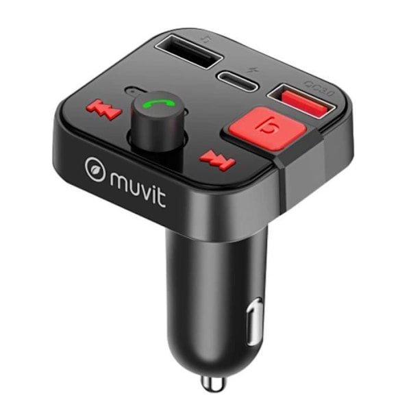 Bluetooth FM-lähetin - MUVIT - Tupakansytytin - USB 3.0 ja USB-C -liitäntä - Integroitu mikrofoni - Hands-free Svart