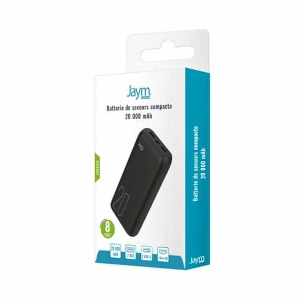 Batteri 20 000 mAh med 2 USB-A / USB-C / Micro USB Kompakt Jaym Svart Svart