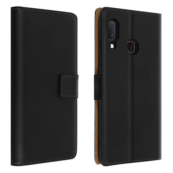 Hus Galaxy A20e - AVIZAR - Äkta Läder - Stötbeständig - Video Stöd - 2 Kortfack Svart