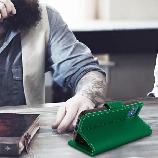 Folio-plånboksfodral - AVIZAR - Apple iPhone 12 Mini - Ekoskinn - Stödfunktion - Grön Grön