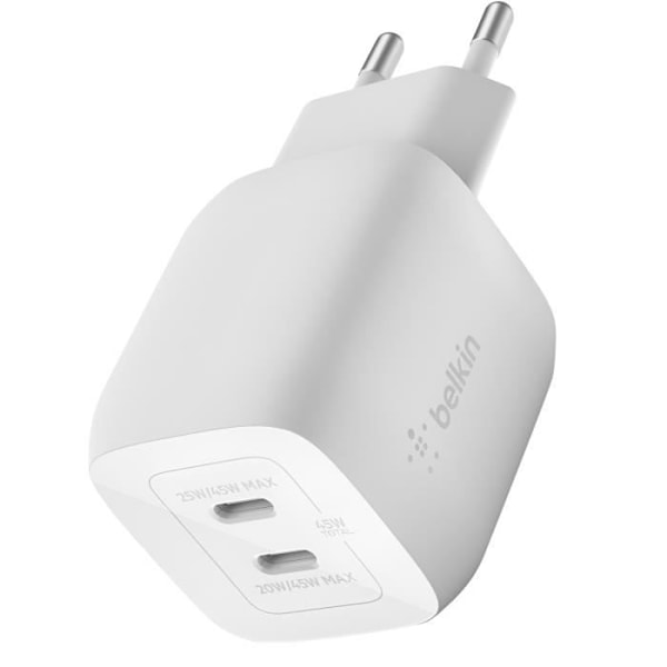 Belkin Hvid 45W GaN og PPS Hurtigoplader med Dobbelt USB-C, Kompakt Vit