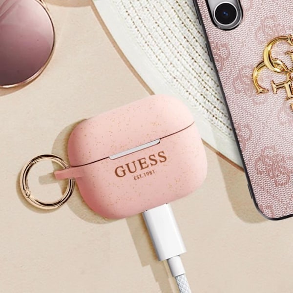 Coque i silikon för AirPods 3 med glittrande yta och karbinhake i rosa från Guess Rosa
