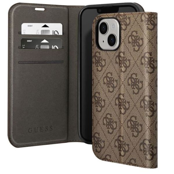 Luksus etui til iPhone 14 Flip Card Holder Elegant Design 4G Guess Pattern Brown kastanj