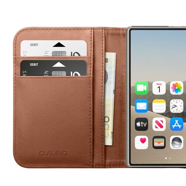 Læder Wallet Case til iPhone Duo med Foldbart Stativ Qialino Brun brun