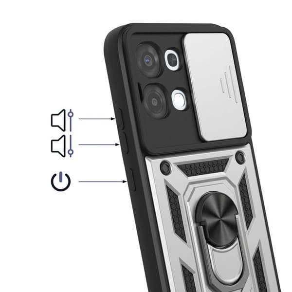 Fodral för Oppo A6 Pro med Stödring och Skjutbart Kameraskydd Silver Grå