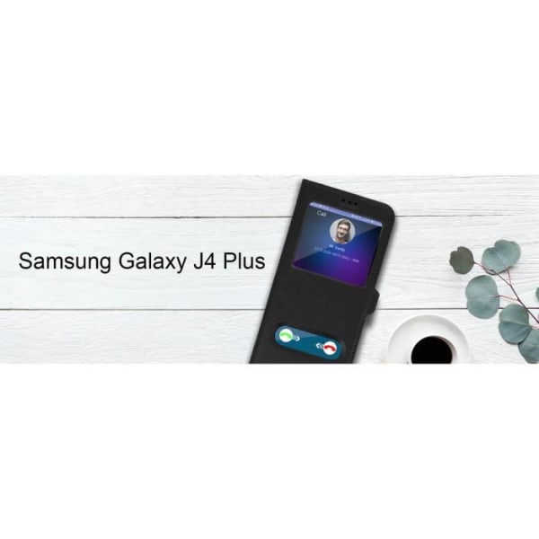Fodral till Samsung Galaxy J4 Plus Dubbelfönster Folio Cover Stativ Funktion Svart