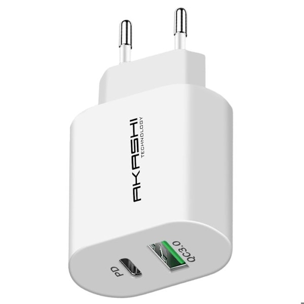 Lader til stikkontakt 15W Dobbelt USB-A QC 3.0 + USB-C PD Hurtigopladning Akashi hvid Vit