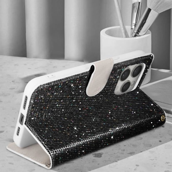 Cover til iPhone 15 Pro Max Glitter Disco Wallet Video Support - AVIZAR - Sort - Hård - Glat - Unisex Svart