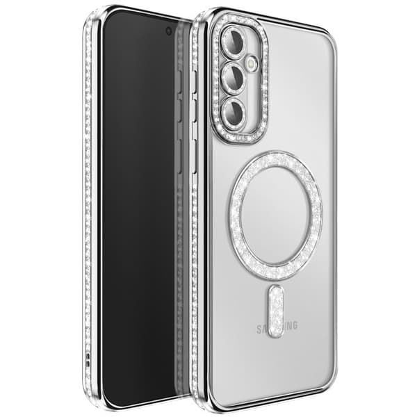 Diamantcover til Galaxy S26 Plus med magnetisk ring og sølvstrassede kanter Grå