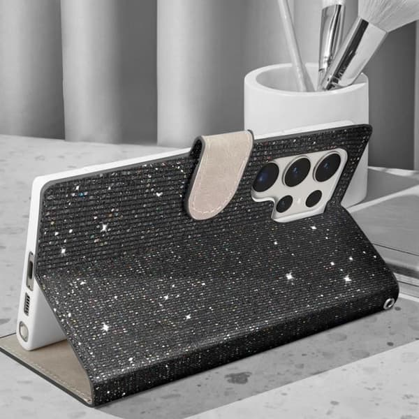 Taske til Samsung S23 Ultra - AVIZAR - Glitter Disco - Sort - Hard Shell - Video Support Svart