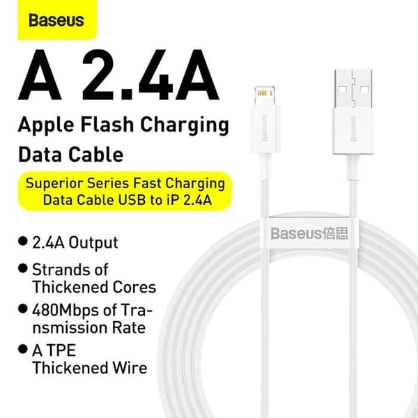 Data kabel - BASEUS - 1m - Kompatibel med iPhone - Hurtigopladning 2.4A - USB-A til Lightning