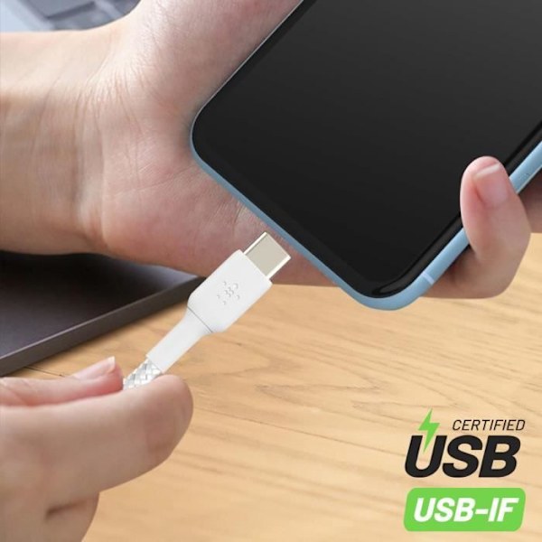USB-USB-C-kaapeli MFi 18W Nylon punottu 1m lataus ja synkronointi Belkin valkoinen